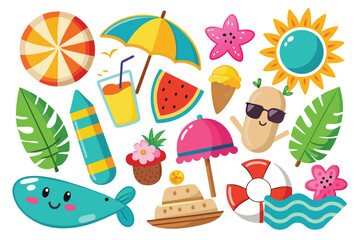 collection of colorful summer objects sticker icons. can be used for symbols, backgrounds and banners.