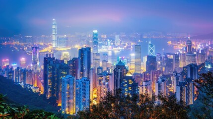 Stunning night cityscape of a vibrant metropolis with illuminated skyscrapers and buildings under a hazy, colorful evening sky.