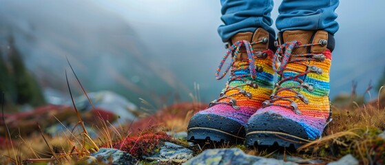 Celebrating Pride Outdoors - Colorful Hiking Boots with Rainbow Laces for LGBTQ+ Adventure, Copy Space for Text Beside