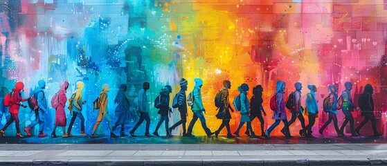 Obraz premium Unity in Diversity: Vibrant Pride Street Mural with Rainbow Colors and Diverse Figures Celebrating Love and Inclusion, Space for Text Message