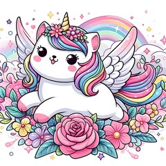 Obraz premium A cartoon cat design graphic with wings and rainbow hair creative.
