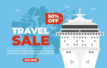 Travel sale 50% off discount. Cruise travel modern concept design flat banner