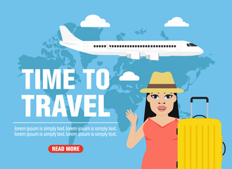 Time to travel, modern large banner concept design. Young woman traveling