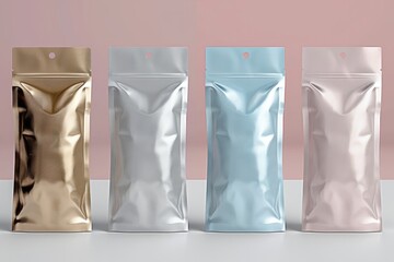 Mockup of food packaging in four different colors. Collection of packaging template on white table