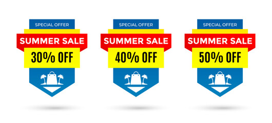 Summer sale blue labels set. Sale 30%, 40%, 50%, off discount