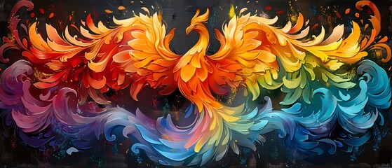 Fiery Phoenix Graffiti Mural with Rainbow Wings - Vibrant Urban Artwork Featuring Mythical Bird Rising from Flames, Space for Text Above