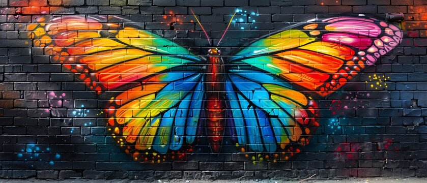 Colorful Graffiti Butterfly Close-Up with Textured Brick Wall Background - Creative Street Art Concept for Design and Decoration