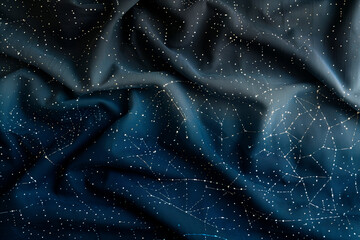 Dark fabric adorned with white dots and lines forming night sky patterns. Fabric's background shifts from dark shades to light blue, creating illusion of cosmic space.