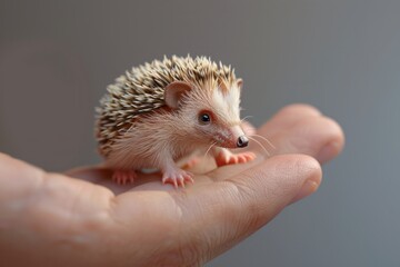 A person tenderly holds a miniature cute hedgehog in his hand, isolated on a grey background.