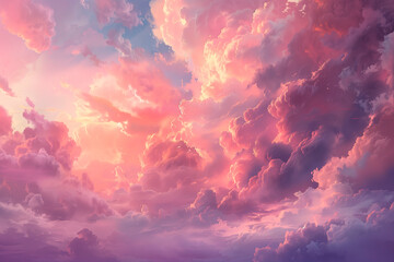 Clouds aglow with iridescent pink light wander through the sky. Sense of serene detachment from world beneath.