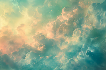 Skyscape with clouds tinted in gently menthol colors. Peacefulness that feels removed from earthly distractions.