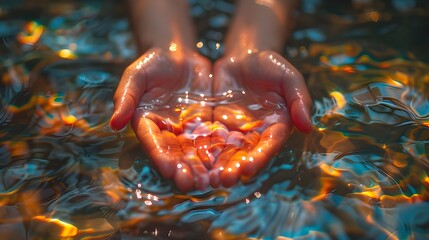 There is clean water in the palms of a person. The concept of the value of water resources, gratitude for the gifts of nature, World Water Day, World Environment Day, World Wildlife Day
