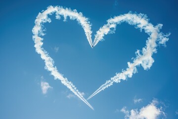 white smoke trail from an acrobatic airplane is drawn a heart with blue sky behind the heart