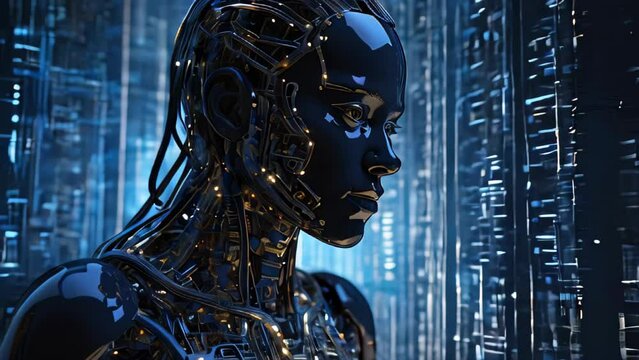 close-up of a humanoid robot with a metallic body and intricate circuitry, set against a dark, high-tech backdrop. The robot's design is sleek and futuristic, emphasizing advanced technology