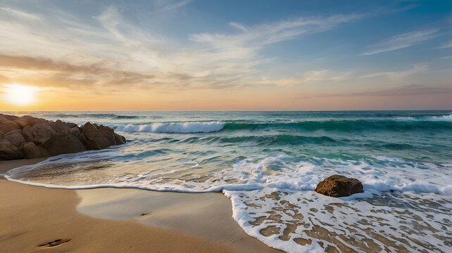 Beautiful beach and sea. Summer seascape beautiful waves, blue sea water in sunny day. Ai generative