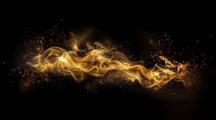Smoke particles background with gold flow and golden glitter, sparkling glow or dust splash.