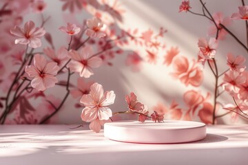 Minimalist 3D round platform with a smooth matte finish, placed against a soft, pastel floral background. The delicate, abstract floral patterns in muted tones create a serene backdrop. Soft,