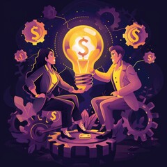 Man and woman holding a light bulb with dollars around them on purple background, financial concept