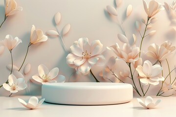 Round minimalist 3D platform with a sleek matte surface, positioned in front of a pastel floral background. The background features subtle, abstract floral patterns in muted shades. Soft and diffused