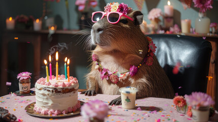 Capybara wearing sunglasses and a flower garland sits at a table with a birthday cake adorned with lit candles. The festive scene is filled with colorful decorations and a joyful atmosphere
