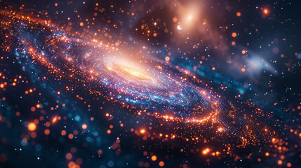 Obraz premium Holographic Universe: Intricate cosmic landscape with galaxies, stars and light network.