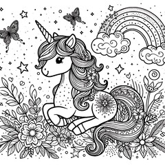 A black and white of a unicorn coloring page design colours graphic creative.