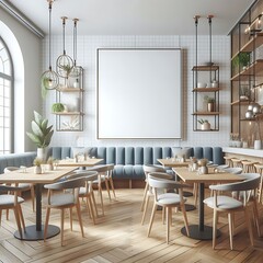 A space for restaurants cafe drinks and fast food room with poster mockup white combined with tables and chairs.
