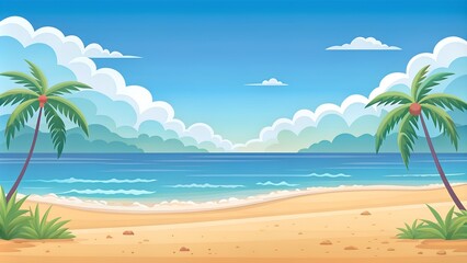 Obraz premium Serene Tropical Beach with Palm Trees and Ocean Waves Under a Clear Blue Sky