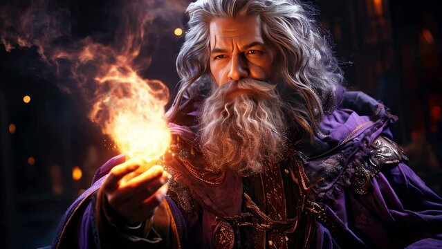 Old wizard in a purple robe holding magic fire in a hand. Colorful fairy tale character Illustration, slight cartoon style, science fiction film