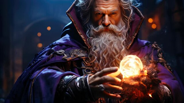 Old wizard in a purple robe holding magic ball. Colorful fairy tale character, slow motion, slight cartoon style, science fiction film
