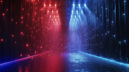 Illuminated stage with dramatic blue and red lighting and spotlights, ideal for performances or events presentation