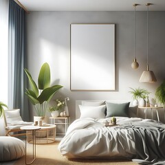 A bed in bedroom style interior set design have mockup poster empty white with and plants unique optimized unique creative.