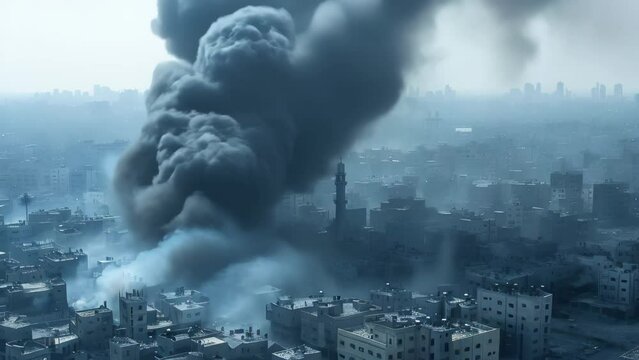 Fire in the city, smoke in the sky above houses and industrial enterprises, emergency concept. 
