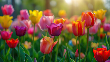 Vibrant tulip field in spring on isolate color background