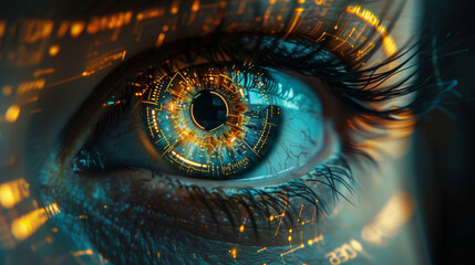 A close-up of a human eye with a cybernetic interface, glowing with blue and orange digital circuits. The detailed iris and pupil reflect advanced technology, symbolizing futuristic innovation.