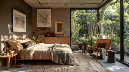 Cozy modern bedroom with natural light and garden view, perfect for relaxed living space concepts. 