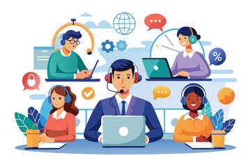 Hotline operator illustration concept. Female hotline operator advises client, Customer service, Customer and operator. Online global technical support 24 hours. Flat illustration 