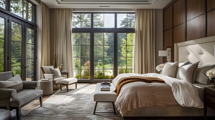 Elegant and modern bedroom interior with a comfortable bed, seating area, and large windows with a view of greenery.
