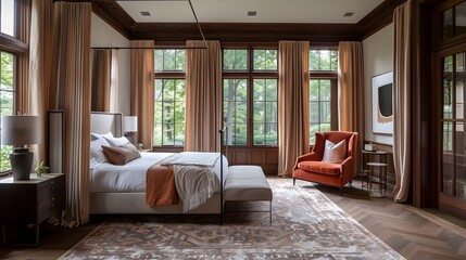 Elegant and cozy bedroom interior with natural light and a view of the outdoors, cozy armchair, and modern amenities. 