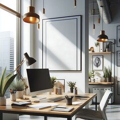 A computer on a desk with poster empty white in working home office in A room style interior set design with a window optimized creative.