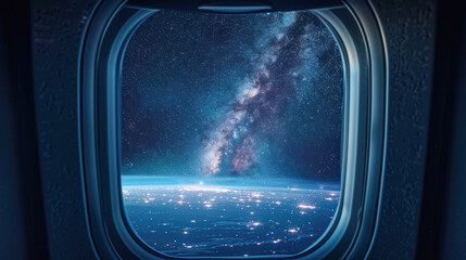 Glowing Milky Way View Through Airplane Window at Night, Travel Adventure Concept