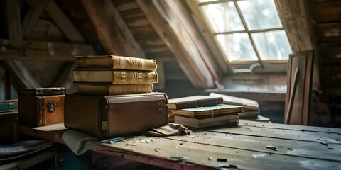 Exploring a dusty attic uncovering family treasures connecting with the past. Concept Family Heirlooms, Attic Discovery, Nostalgia, Treasure Hunt, Past Memories