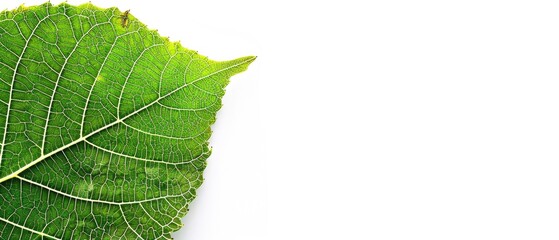 Bright green leaf on a white background with plenty of space for text