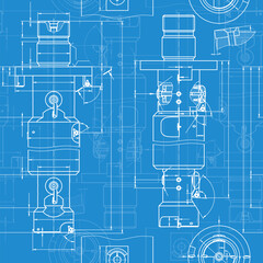Mechanical engineering drawings on blue background. Tap tools, borer. Technical Design. Cover. Blueprint. Seamless pattern. Vector illustration.