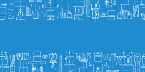 Mechanical engineering drawings on blue background. Tap tools, borer. Technical Design. Cover. Blueprint. Seamless pattern. Vector illustration.