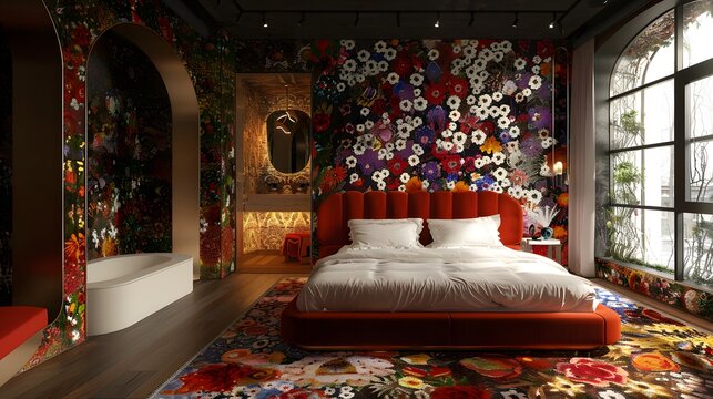 Modern bedroom interior with vibrant floral patterns and a cozy red bed dominating the scene. 