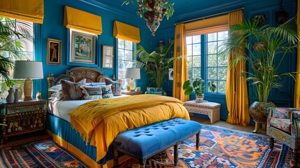 A vibrant and luxurious bedroom with bold blue walls, yellow accents, and richly patterned textiles suggests an opulent interior design style. 