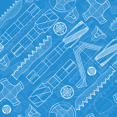 Mechanical engineering drawings on blue background. Tap tools, borer. Technical Design. Cover. Blueprint. Seamless pattern. Vector illustration.