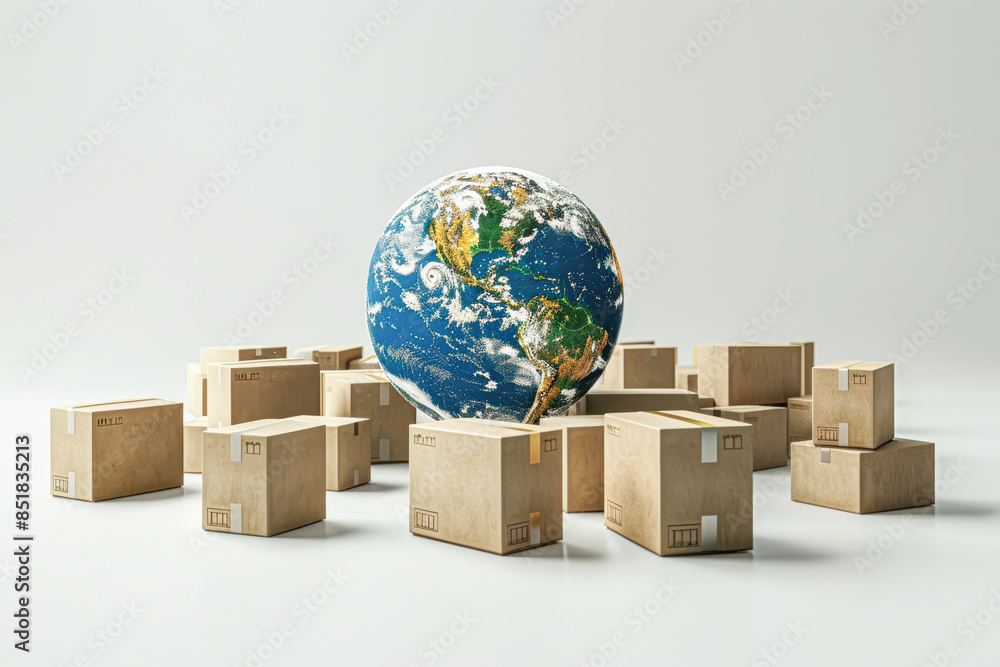 Poster Global Cargo Logistics Concept with Cargo Boxes Surrounding the Earth on White Background