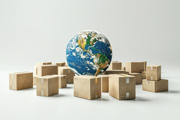 Global Cargo Logistics Concept with Cargo Boxes Surrounding the Earth on White Background